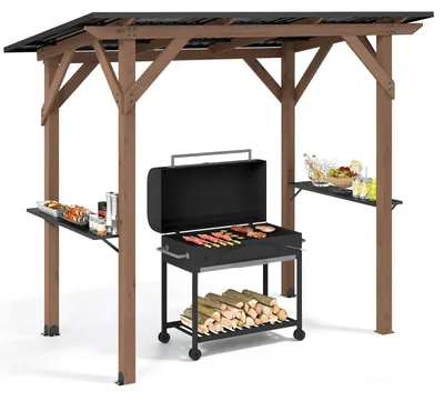 Produktbild von COSTWAY Grillpavillon Holz 263x151x223cm, Grillunterstand mit Dach aus verzinktem Metall & 2 Seitenregalen, Pavillon Grillüberdachung wetterfest