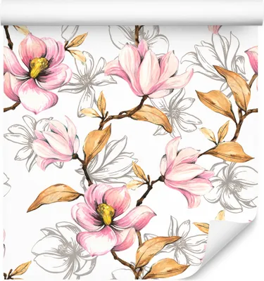 Zdjęcie produktu dla Tapeta w Rolce Dekoracja Ścienna 3D MAGNOLIE Liście Kwiaty Akwarela do Salonu