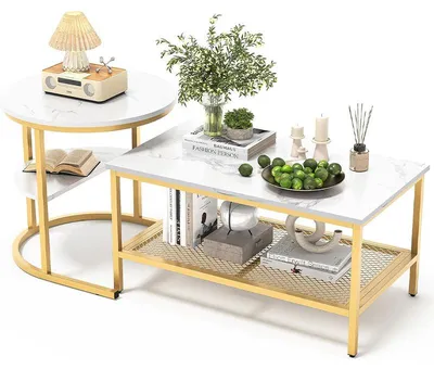 Produktbild von Couchtisch mit Marmoreffekt, 105 x 51 x 50 cm, weiß/gold