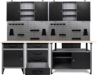 Produktbild von Ondis24 Metall Werkstatt Set 240 cm "Tüftler" 3 Werkbänke + 2 Schränke Arbeitshöhe 85 cm abschließbar höhenverstellbare Füße Arbeitsplatte Holz Werkstatteinrichtung Packtisch Werktisch Werkstatttisch Montagewerkbank Hängeschrank Werkzeugschrank Werkstattschrank Werkzeugwand Werkstattwand Werkzeughalter Lochblech