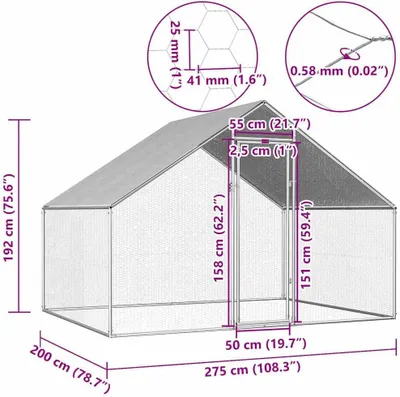 Obrázok produktu pre Klietka pre zvieratá – konštrukcia z pozinkovanej ocele – 275 x 200 x 192 cm – s strechou z polyetylénu