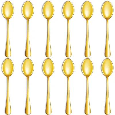 Obrázek produktu pro Sada 12 lžic, zlatá barva, nerezová ocel, délka 20,3 cm. Lžíce vhodné pro stolování, kávové lžíce, lžíce na polévku, sada lžic pro domácnost a restauraci