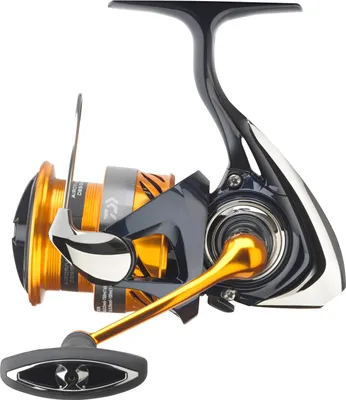 A studio shot of a fishing reel against a white background.
