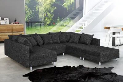 Produktbild von Wohnlandschaft Sofa Couch Ecksofa Eckcouch in Gewebestoff schwarz Minsk XXL