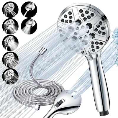 Produktbild von Duschkopf mit Schlauch 2m, 5+2 Strahlarten, Hochdruck, Wassersparend, Chrom