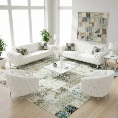 Produktbild von Sofa Set Jumeirah 3-Sitzer+3-Sitzer+Sessel+Sessel in Samtstoff Spar-Set, in 5 Stofffarben & 3 Fußvarianten erhältlich Farbe: weiß
