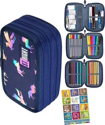 Produktbild von Goldkids St. Right XXL Federtasche Federmappe Federmäppchen 46-teilig gefüllte Schüleretui 3-stöckig 19 x 13 x 7 cm inkl. Hausaufgabenheft Holo Unicorns Einhorn