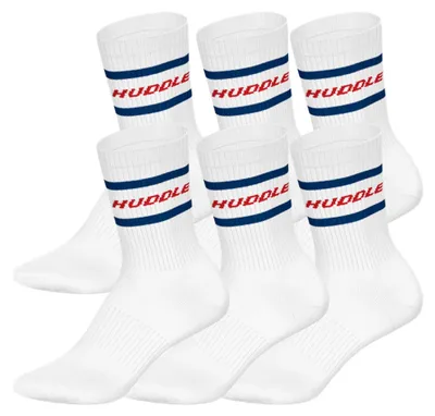Produktbild von HUDDLE Uni Socken, 6er Pack - Streifen, Logo, Crew, Sportsocken, einfarbig Weiß/Blau/Rot 43-46