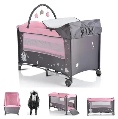 Produktbild von Moni Reisebett Sleepy Rollen, Wickelauflage, Matratze, Spielbogen, Seiteneingang grau pink