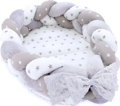 Produktbild von Babynest Neugeborene Nestchen Baby – Velvet Kuschelnest mit Zopf Kissen zerlegbares Set zweiseitig Babynestchen Babybett 75X45, Sterne