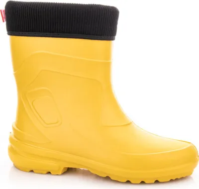 A single yellow rubber boot with a black knitted cuff is shown against a white background.