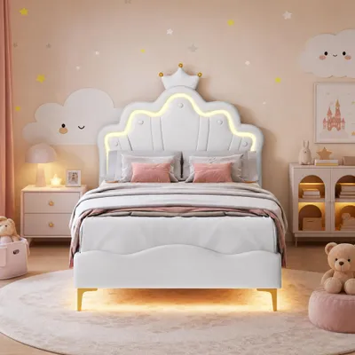 Produktbild von Polsterbett 90x200cm mit Lattenrost, Kinderbett mit Kronenförmigem Kopfteil, Jugendbett Einzelbett mit Led, Prinzessinnenbett Holzbett, PU，Weiß