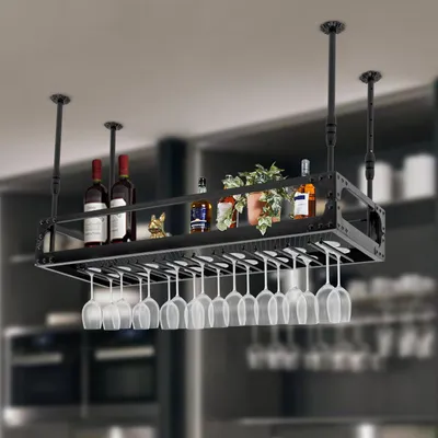 Immagine prodotto di Portavino a soffitto - Porta bicchieri, porta bottiglie - Per la cucina - Nero - Altezza regolabile