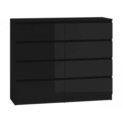 A black, high-gloss dresser with eight drawers, presented against a white background.