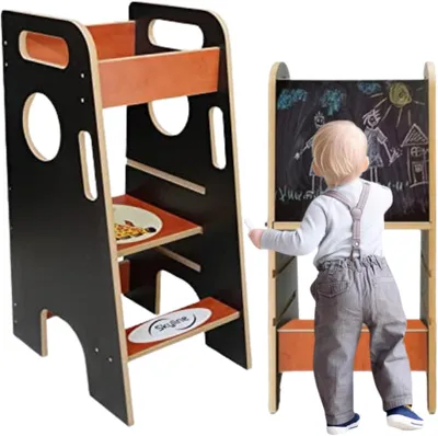 Productafbeelding van In hoogte verstelbare Montessori-leertoren voor baby's vanaf 1 jaar met opstapkruk en schoolbord