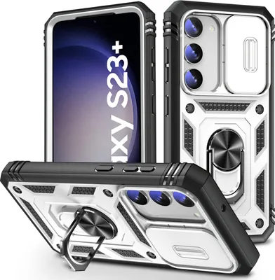 Produktbild von Galaxy S23+ Hülle, Schiebe Kamera Schutz Robust Rüstung Schutzhülle mit Ringhalterung Ständer Kartenhalter für Samsung Galaxy S23+ Weiß