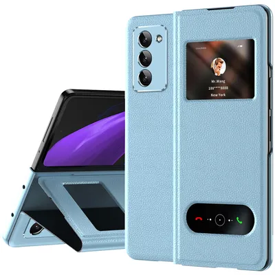 Image de Etui mince en cuir pour Samsung Galaxy Z Fold 2 5G, avec fenêtre d'affichage et fonction stand Bleu litchi