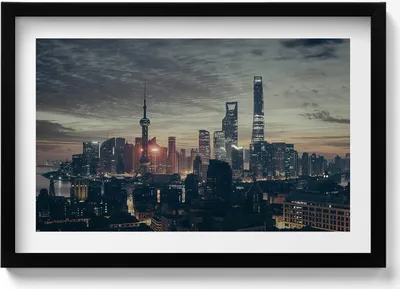 Produktbild von Shanghai-Panorama bei Nacht– Wandbild mit Rahmen – Gerahmtes Bild  – Wanddekoration – 60x40 cm –  Schwarz Rahmen