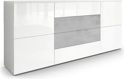 Produktbild von Vladon Sideboard Rova,  Germany, Kommode mit 4 Türen und 4 Schubladen, Weiß matt/Weiß Hochglanz/Beton Oxid Optik (166 x 72 x 35 cm)