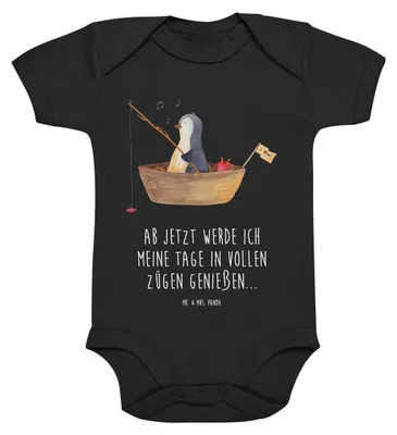 Produktbild von Mr. & Mrs. Panda Babystrampler Pinguin Angelboot 1. - 3. Monat - Schwarz - Geschenk, Strampler, Angeln, Leben, Optimistisch, Motivation, Einteiler, Babybody, Baby