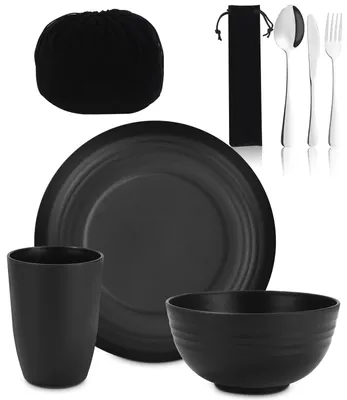 Produktbild von Camping Besteck Set, Camping Geschirr Schwarz, Edelstahl-Besteck