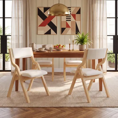 Produktbild von Flieks Klappbare Esszimmerstühle 4er Set, Leinen, Esszimmerstühle aus Massivholz, faltbar und verstaubar, Küchenstühle, Polsterstühle, Beige