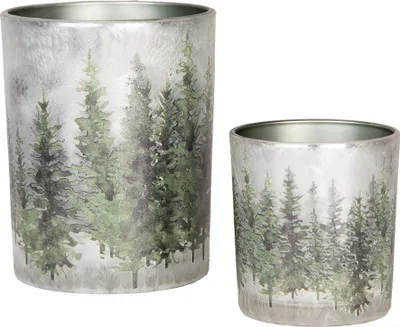 Obrázek produktu pro Clayre & Eef Sada 2 držáků na čajové svíčky Ø 7x8 / 10x13 cm Bílé zelené skleněné jedle