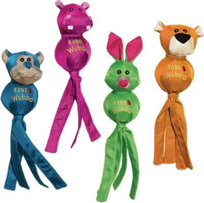Four stuffed animal dog toys arranged in a line against a white background.