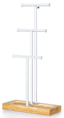 Immagine prodotto di Supporto per gioielli in metallo e legno, con 3 aste regolabili in altezza, ideale per collane, braccialetti e orecchini