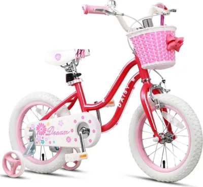 Obrázok produktu pre Glerc Daisy 12-palcový detský bicykel červený pre dievčatá od 1 do 4 rokov s tréningovými kolesami, košíkom a stužkami
