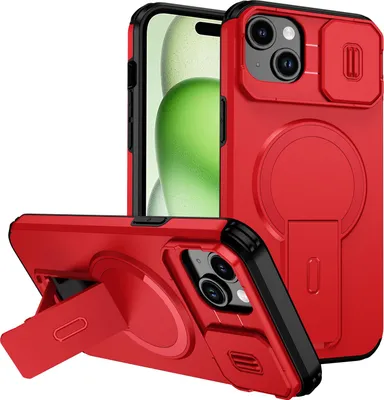 Immagine prodotto di Custodia magnetica per iPhone 15 Plus/iPhone 14 Plus, custodia resistente a doppio strato con protezione scorrevole della fotocamera e supporto regolabile Rosso