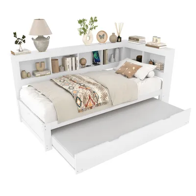 Produktbild von Daybett,Schlafsofa, Tagesbett mit ausziehbarem Bett, Mit Steckdose und 2 USB-Anschlüssen, Bett mit Lattenrost (ohne Matratze),Spanplatte