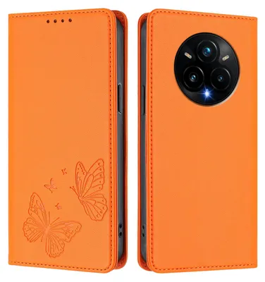 Image de Étui en cuir pour Realme 14 Pro+ 5G, motif papillon, étui portefeuille à rabat avec support, orange