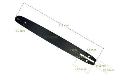 A black chainsaw bar with measurement annotations.
