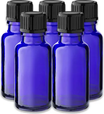 Produktbild von 5x Blaue Glasflasche 20 ml mit schwarzem PP-Schraubverschluss 18/415