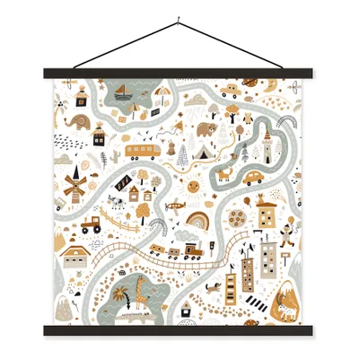 Produktbild von MuchoWow® Textilposter Auto - Tiere - Kinder - Straßen 90x90 cm mit schwarzem Rahmen - Magnetisches