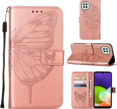 Produktbild von Galaxy A22 4G Hülle, Schmetterling Prägung Flip Leder Kartenfächer Schutzhülle Ledertasche mit Ständer für Samsung Galaxy A22 4G Roségold