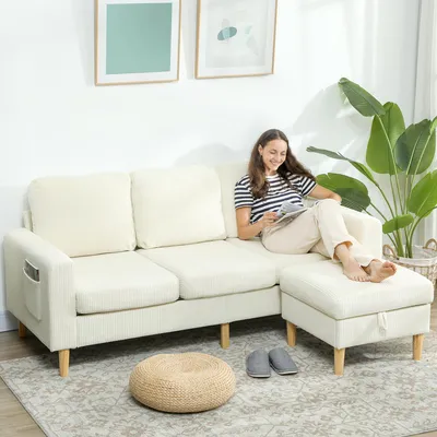 Produktbild von 3-Sitzer Sofa mit Stauraumhocker, Cordvelours, Federkern, 192x138x85 cm, Beige