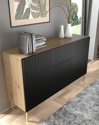 Obrázek produktu pro Komoda RAVENNA š 150 cm 2D3S rám ARTISAN OAK / BLACK MATT Příborník MDF 2 dvířka 3 zásuvky Vysoká skříň otevřená police Bufet s frézovanými čely