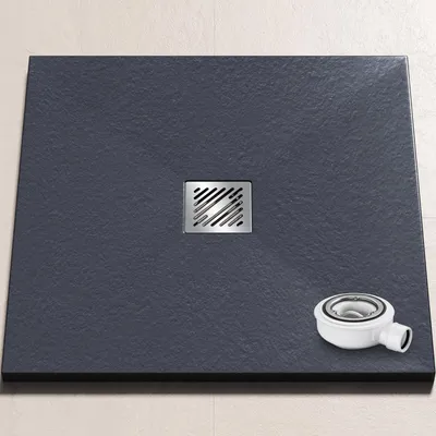 Produktbild von doporro Duschwanne Duschtasse 80x80x3cm aus Mineralguss in Anthrazit Rechteckig DIN-Anschlüsse für bodenebene Montage geeignet inkl. Ablaufgarnitur Geoma09