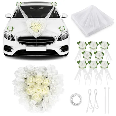 Hochzeitsauto-Deko-Set mit Kunstblumen und Herz, für Brautauto