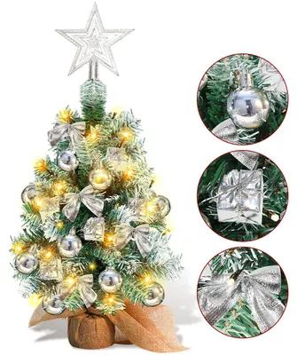Produktbild von Eikuavons Mini Weihnachtsbaum 40 cm Silber mit 30 LED Beleuchtung Holzsockel und Christbaumschmuck für Tischdeko