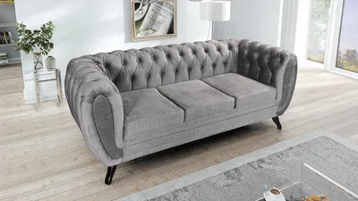 Produktbild von Edles Chesterfield Sofa 3 Sitzer Velours grau Couch Polstersofa Wohnlandschaft