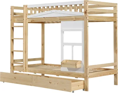 Produktbild von Etagenbett, Kinderbett mit Fenster, mit Fallschutzgitter, stabiles Geländer, Zwei Schubladen mit Rollen, Reichlich Stauraum,Kiefer+MDF,Weiß+Natur