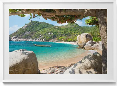 Produktbild von Meerblick Koh Tao Thailand– Wandbild mit Rahmen – Gerahmtes Bild  – Wanddekoration – 100x70 cm –  Weiß Rahmen