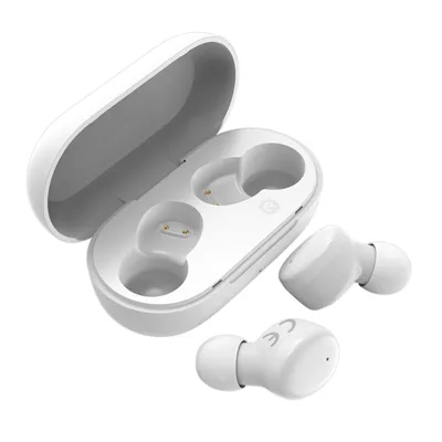 A pair of white true wireless earbuds and their charging case are shown against a white background.
