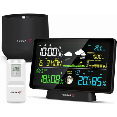 A wireless weather station with its components displayed on a white background.
