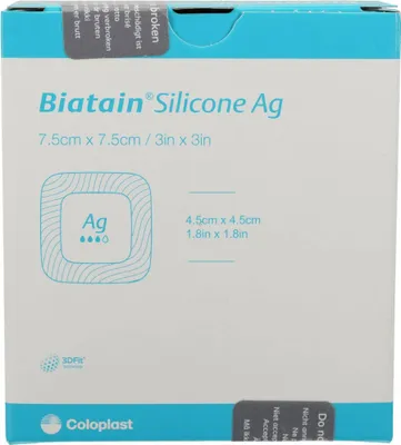 Zdjęcie produktu dla Biatain Silikonowy opatrunek piankowy Ag ze srebrem 7,5 cm x 7,5 cm, 5 szt. Opatrunki na rany