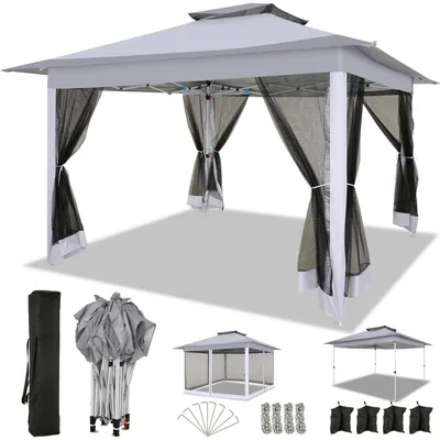Produktbild von Faltpavillon 3x3m Wasserdicht Stabil Pop Up Gartenpavillon mit Moskitonetz Doppeldach Grau