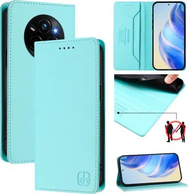 Produktbild von Lederhülle für Realme 14 Pro+ Hülle Flip Brieftasche Kartenfächern Ständer Schutzhülle Türkis